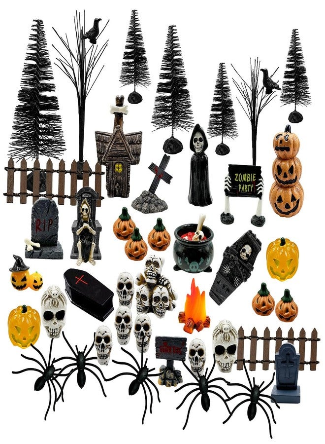 Suartus Halloween Village Accessories Ornaments - 46Pcs Miniature Pumpkin Skeleton Tombstones Spider Pinetrees Figurines Resin Horror Village Mini Halloween Figurines for Hallowmas Town Party Decor - Image 1